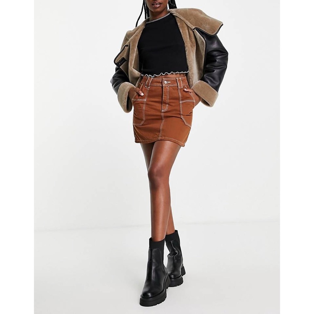 Topshop Utility High Waist Denim Mini Skirt in Toffee Brown Fall Streetwear
